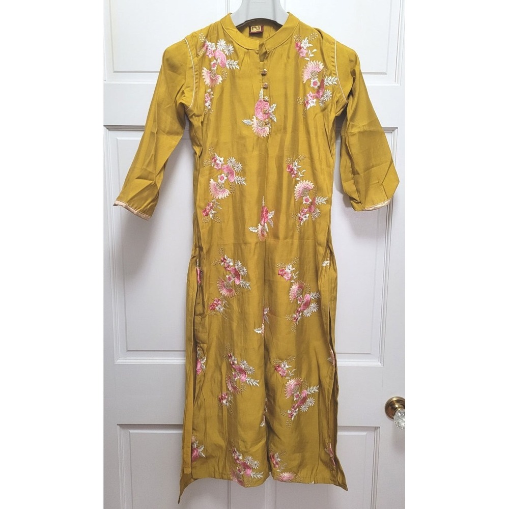 Hariom Women's 2pc Silk Blend Embroidered Long Kurta Set - Mustard Yellow - L
